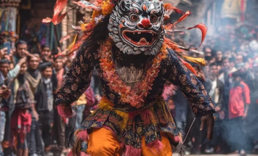 Colorful masked monks performing ancient Cham dance during Tiji Festival 2025 in Lo Manthang, Upper Mustang, Nepal — vibrant Buddhist celebration symbolizing victory of good over evil amidst Himalayan mountains.