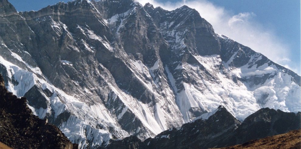 Climbers ascending the steep slopes of Mount Lhotse (8,516m), the world’s fourth-highest peak, during the Mount Lhotse Expedition 2025 in Nepal
