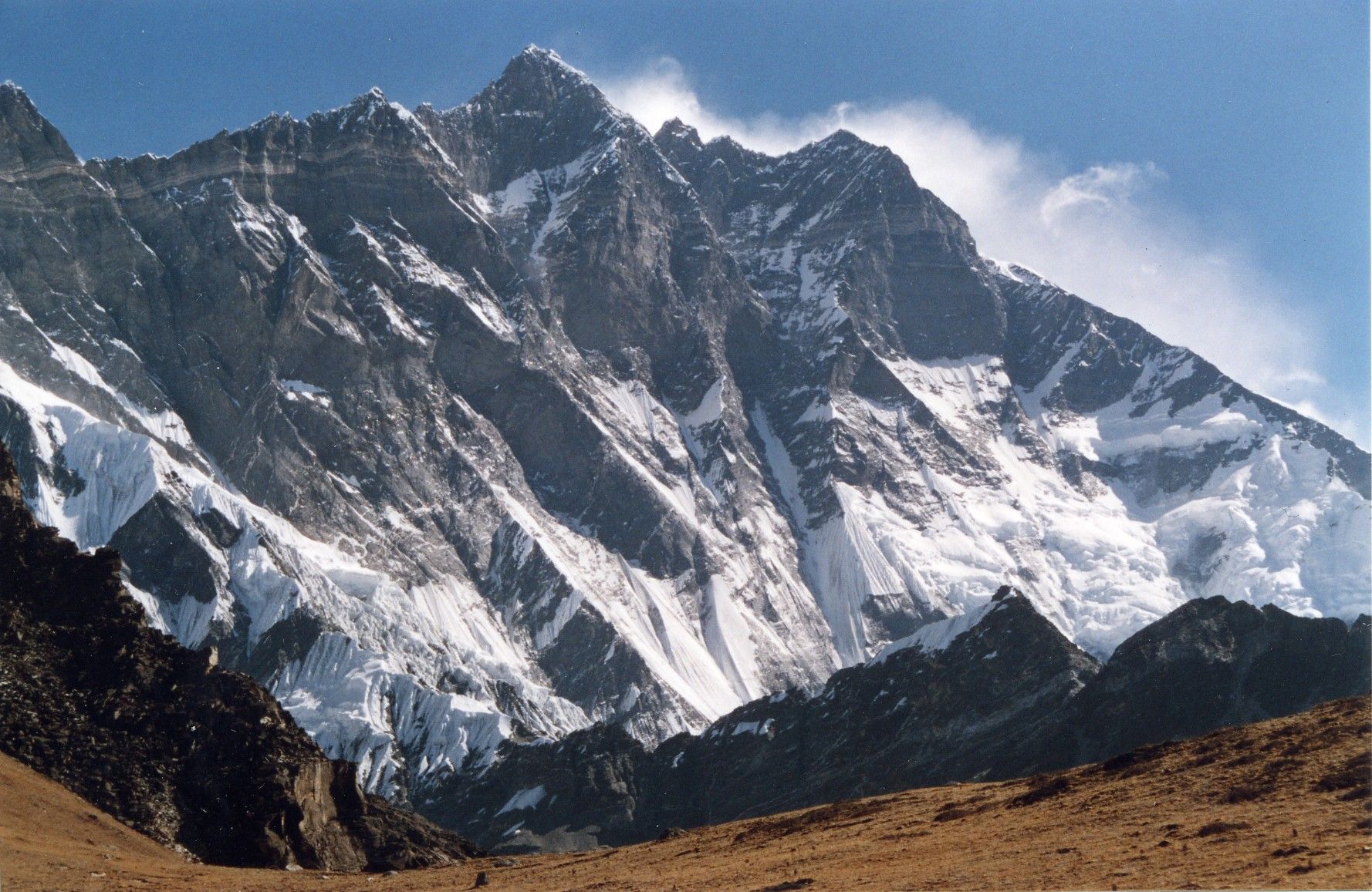 Climbers ascending the steep slopes of Mount Lhotse (8,516m), the world’s fourth-highest peak, during the Mount Lhotse Expedition 2025 in Nepal