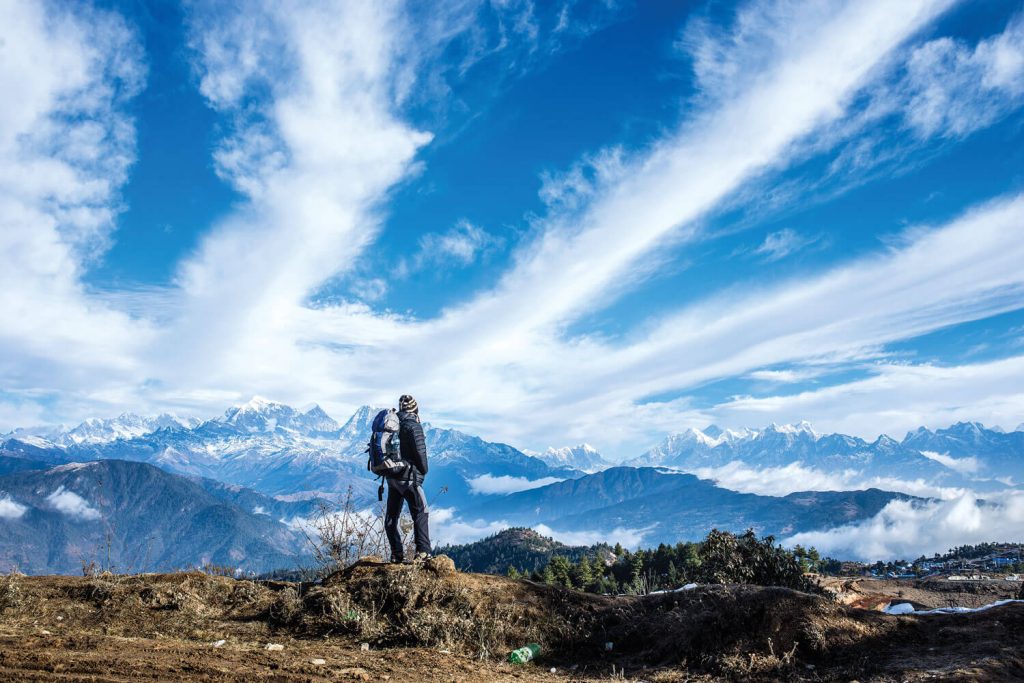 Panoramic sunrise view of Mount Everest from Pikey Peak, Solukhumbu region, Nepal