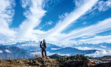Panoramic sunrise view of Mount Everest from Pikey Peak, Solukhumbu region, Nepal