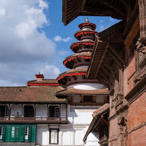 Beautiful pagoda style architecture at Kathmandu Durbar Square, showcasing intricate traditional woodwork.