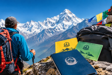 Trekking permits in Nepal including TIMS and ACAP permits with a trekker and Himalayan mountains in the background.