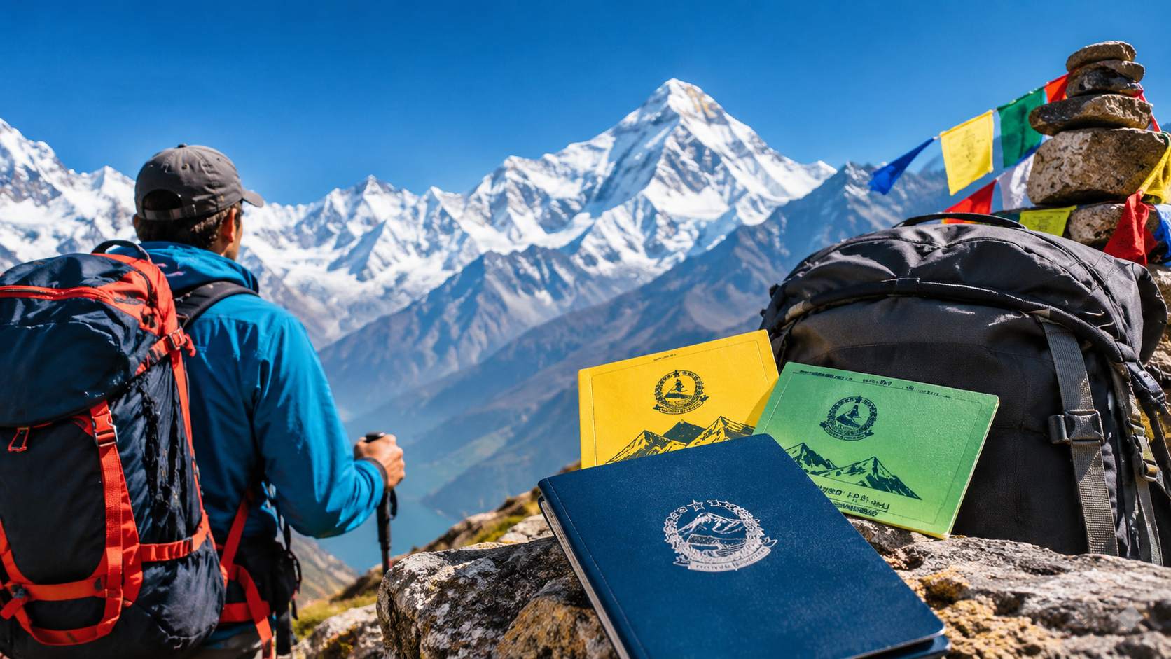 Trekking permits in Nepal including TIMS and ACAP permits with a trekker and Himalayan mountains in the background.