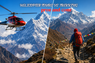 Helicopter flying over the Himalayan mountains alongside a trekker hiking on a mountain trail in Nepal